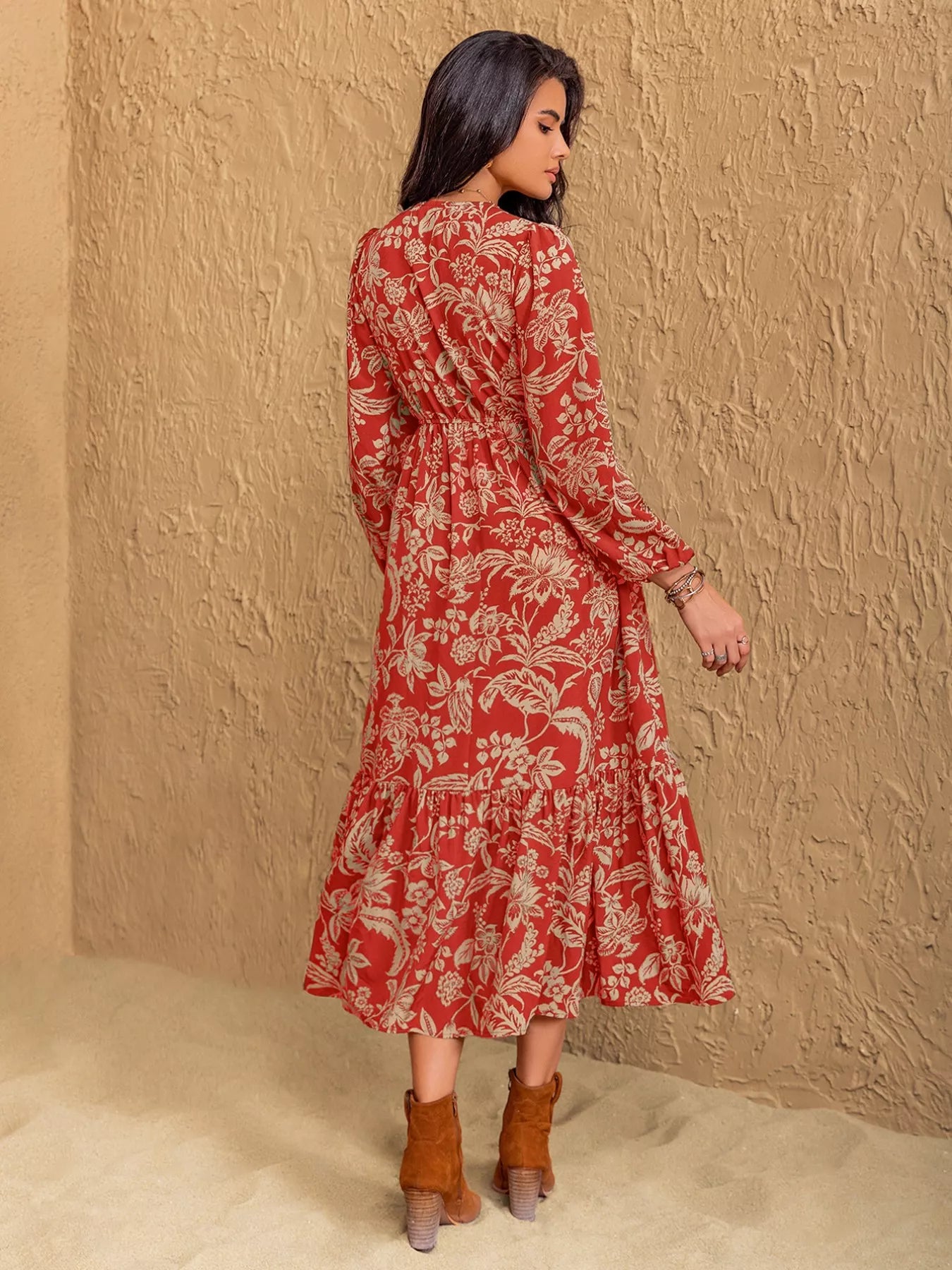 Boho Floral Print Long Sleeve Midi Dress OutfitFlow