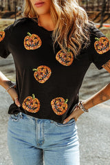 Sequin Pumpkin Round Neck Short Sleeve T-Shirt OutfitFlow