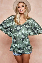 BiBi Aztec Print Brushed Out Stitching Detailed Top OutfitFlow
