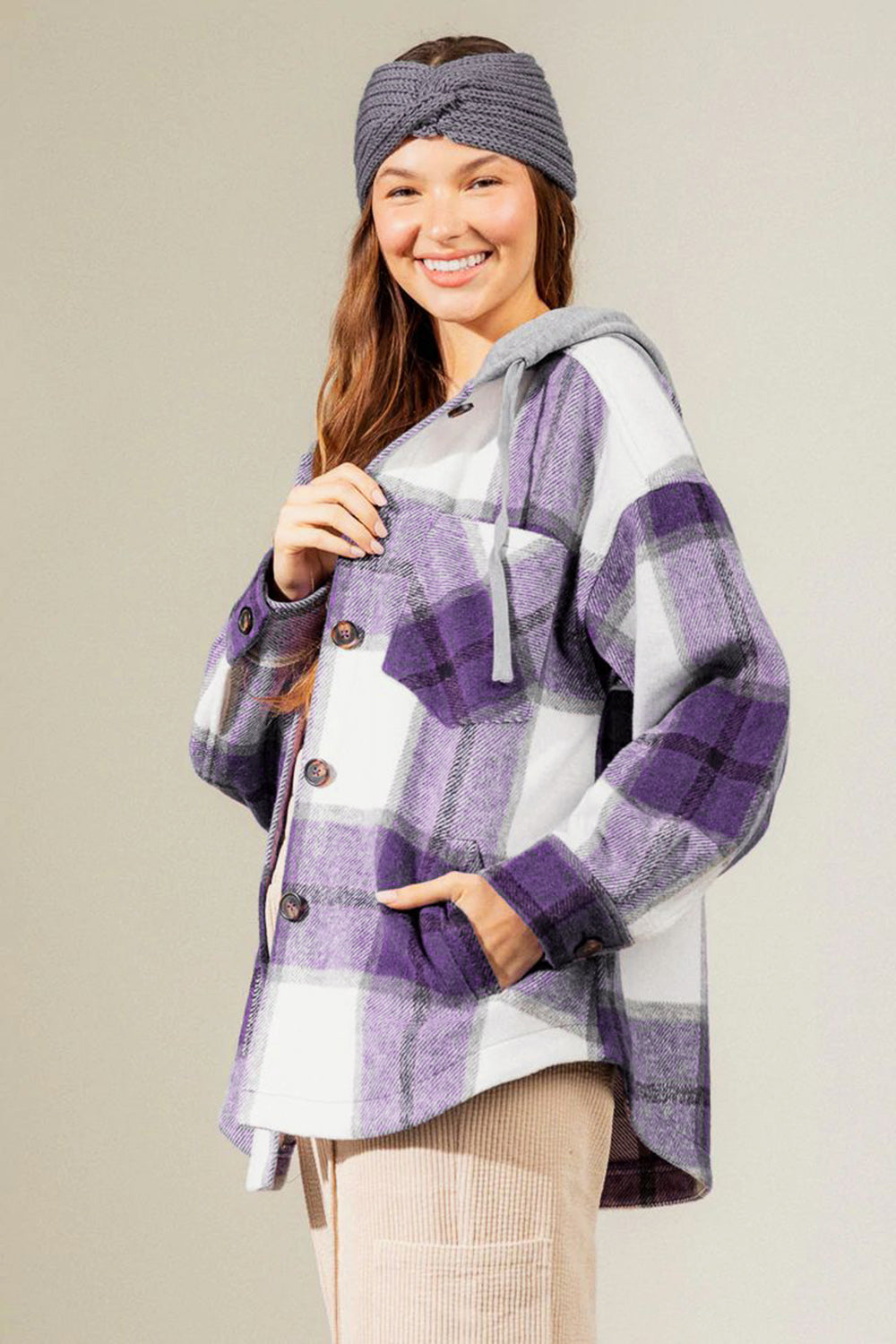 Outfit Flow - Drawstring Plaid Dropped Shoulder Hooded Jacket