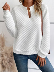Textured Long Sleeve Notched Sweatshirt OutfitFlow