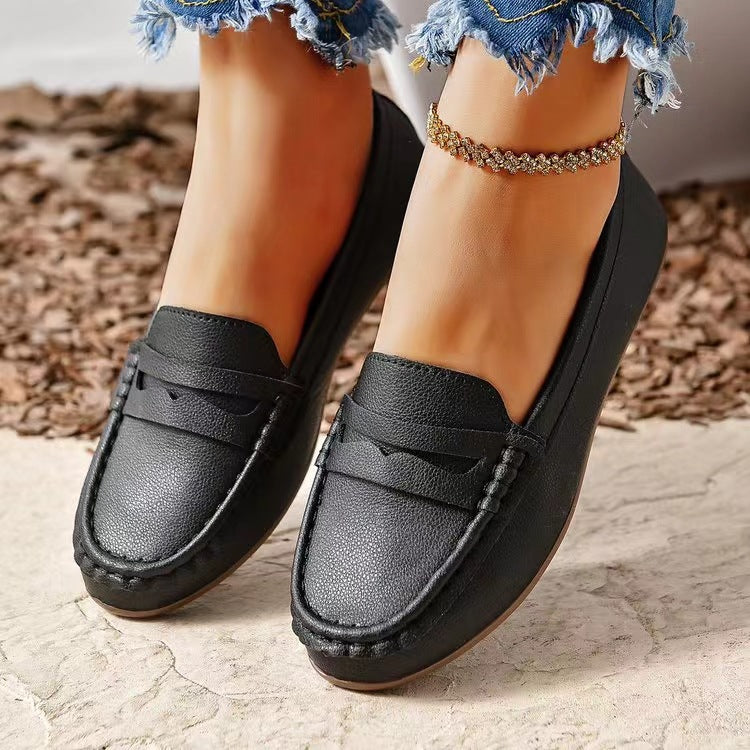 PU Leather Round Toe Flat Slip-Ons Black OutfitFlow