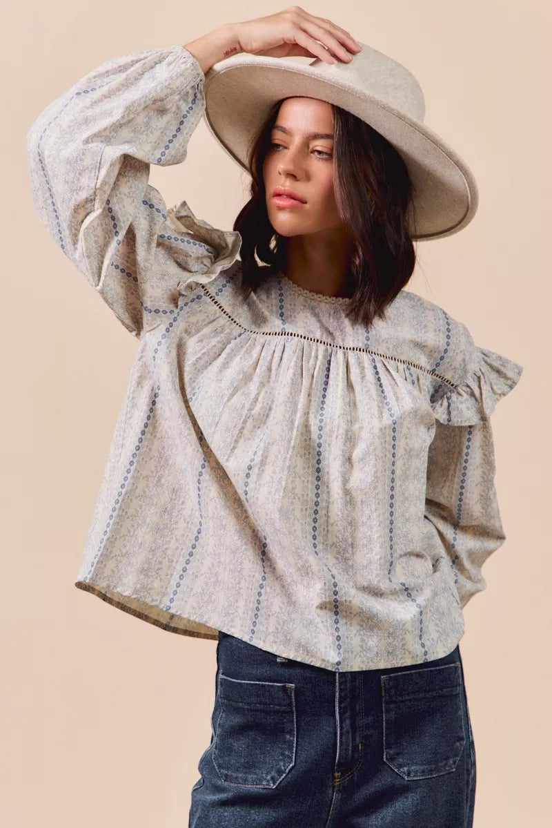 SO ME Floral Cotton Print Ruffled Long Sleeve Blouse OutfitFlow