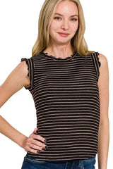 Zenana Ribbed Ruffle Trim Sleeveless Stripe Top BLACK WHITE OutfitFlow