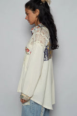 POL Lace Patchwork Floral Trim Long Sleeve Shirt OutfitFlow