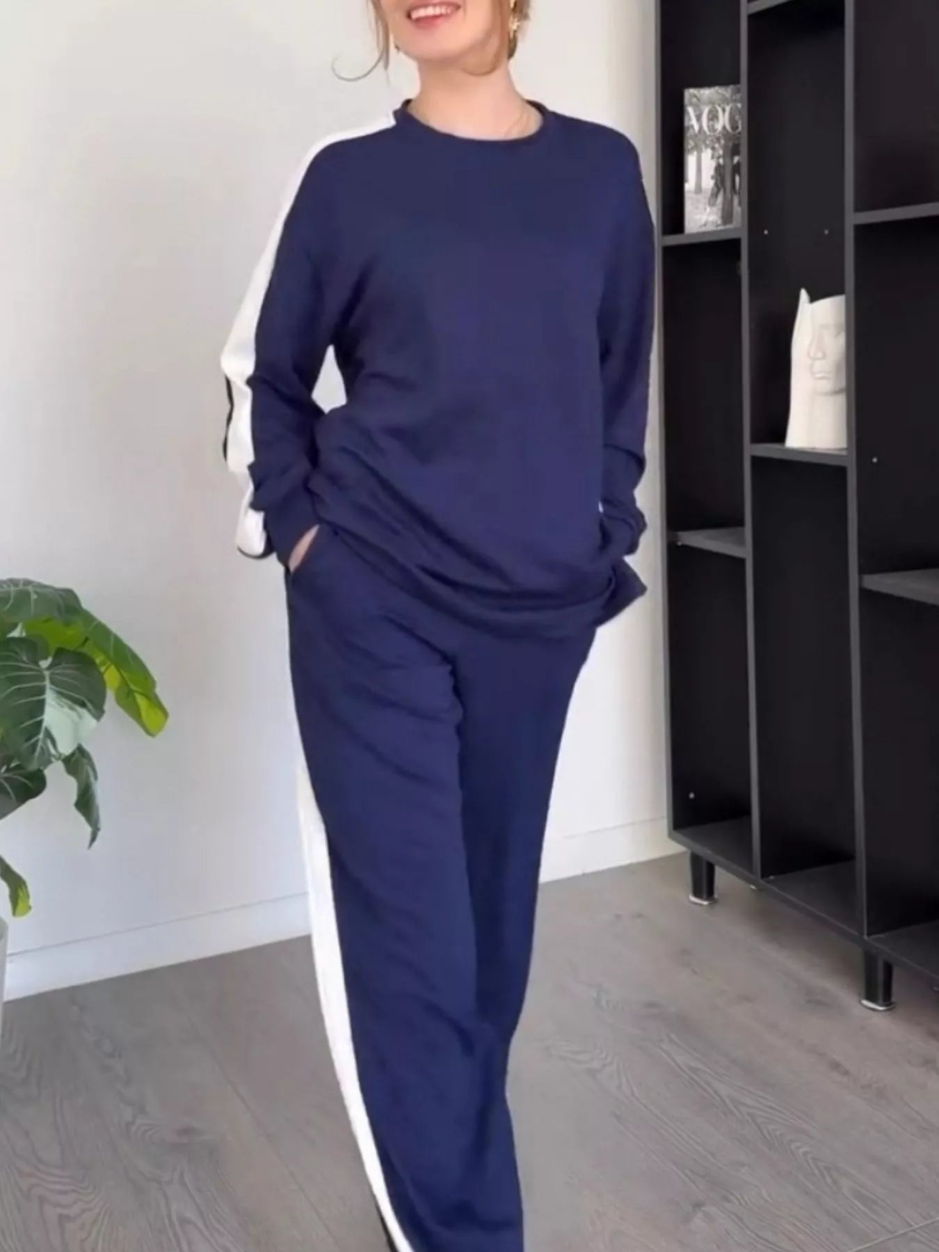 Full Size Contrast Round Neck Top and Pants Set Plus Size OutfitFlow