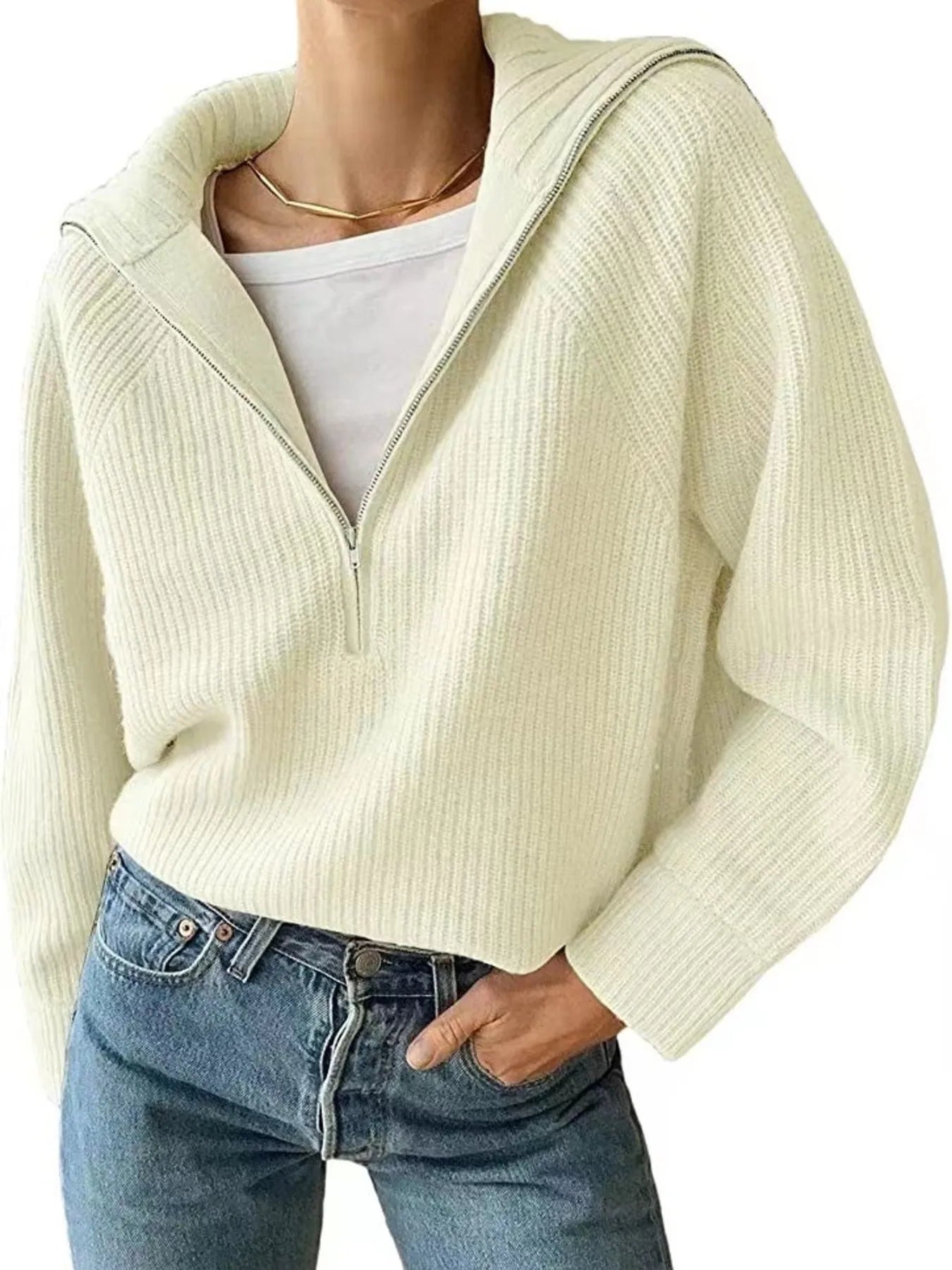 Half-Zip Long Sleeve Sweater Cream OutfitFlow