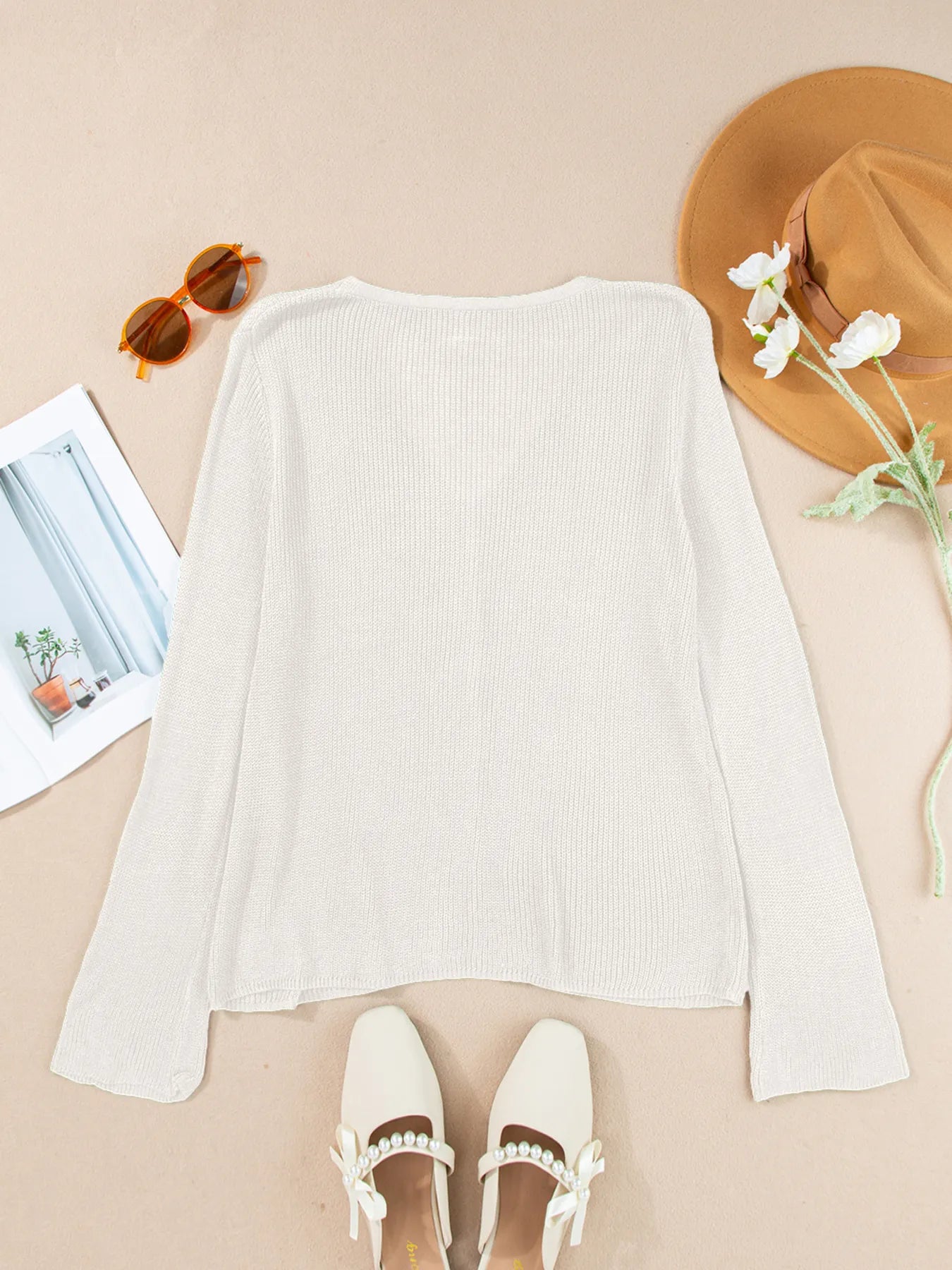 Lightweight V Neck Button Front Bell Sleeve Cardigan OutfitFlow
