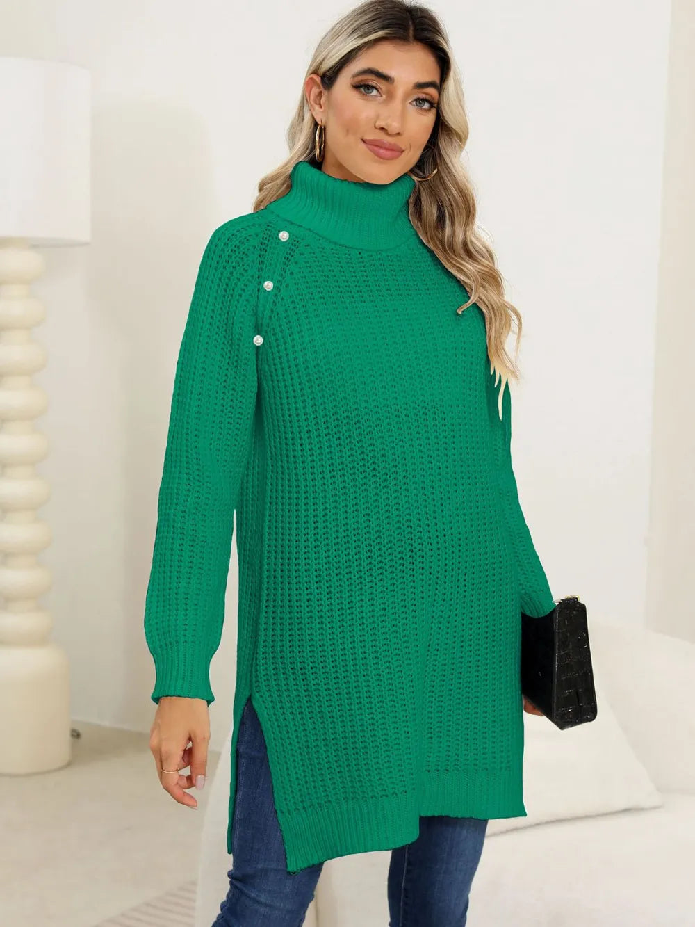 Slit Turtleneck Long Sleeve Sweater OutfitFlow