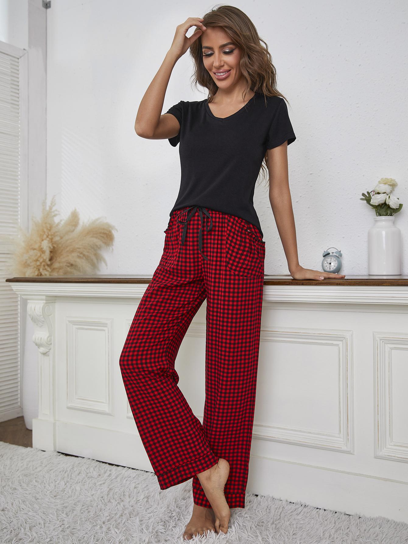 Outfit Flow - V-Neck Top and Gingham Pants Lounge Set