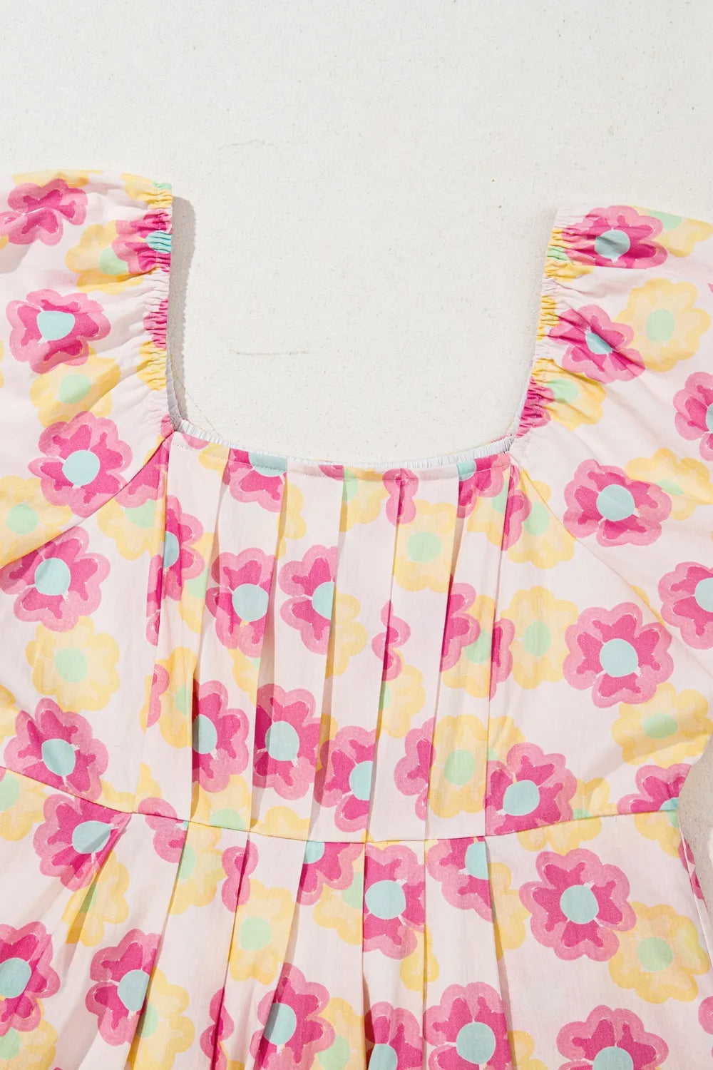 Floral Square Neck Puff Sleeve Pleated Flared Midi Dress OutfitFlow