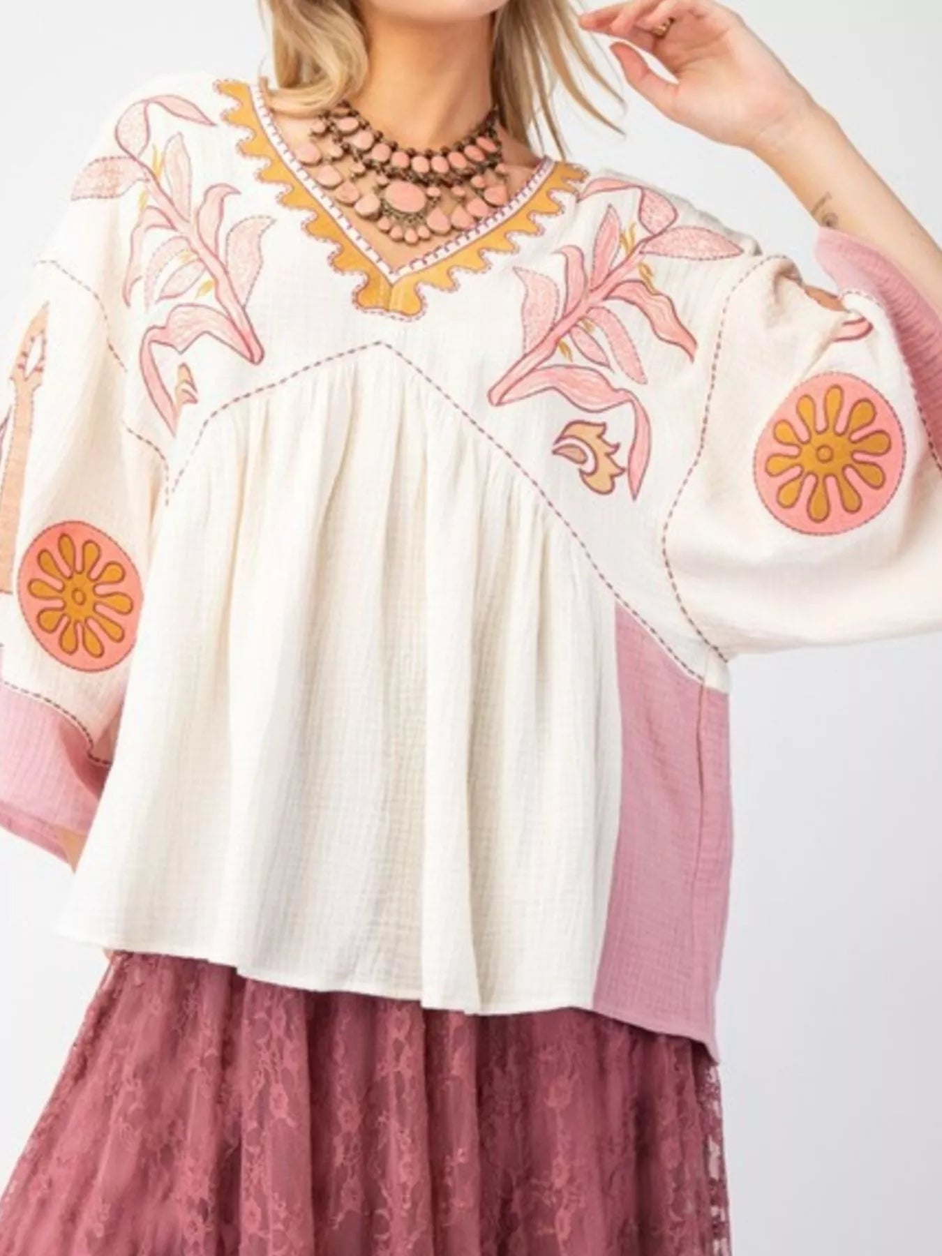 Printed V-Neck Top with Contrast Trim Details Apricot And Lavender OutfitFlow