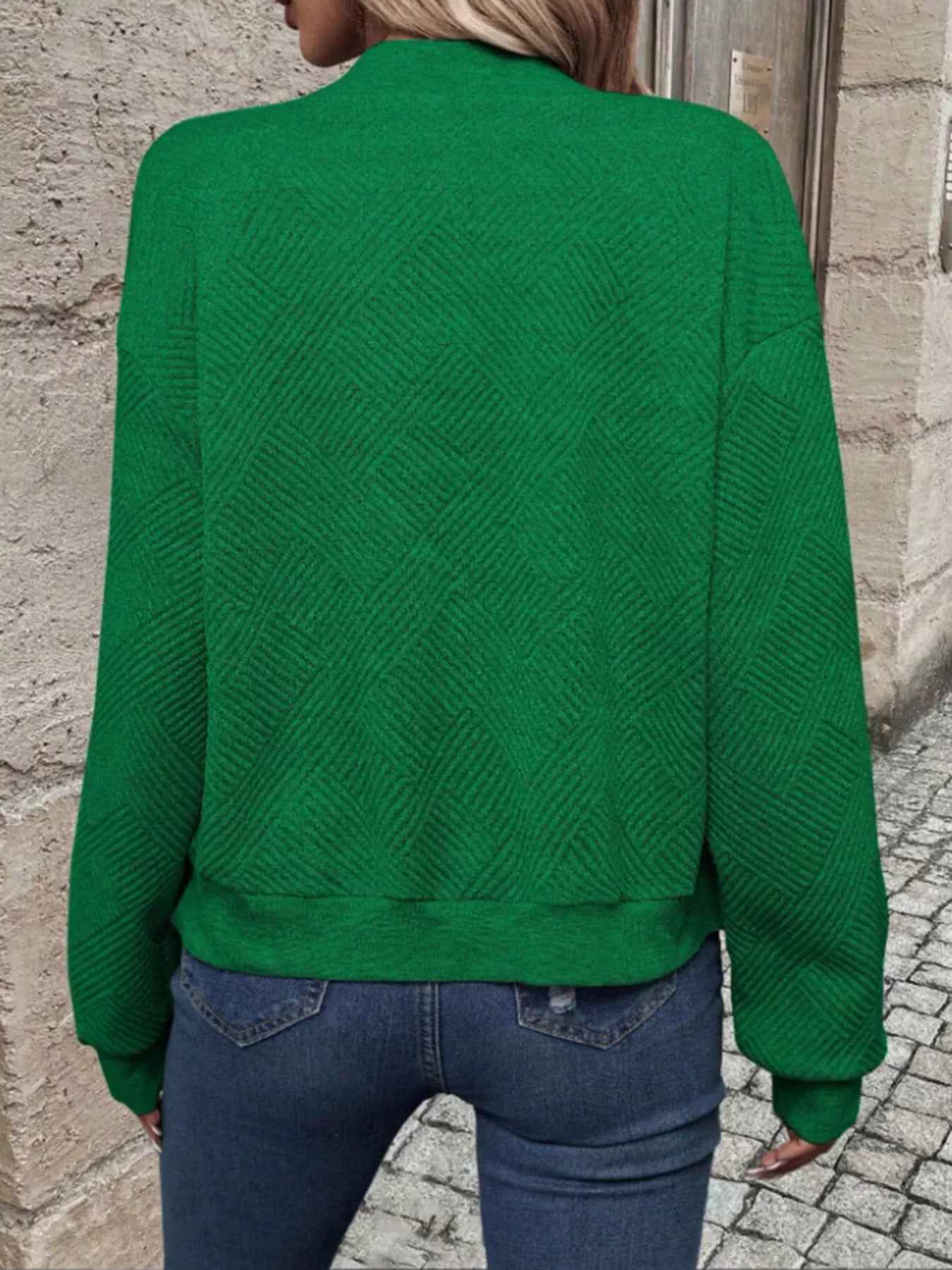 Textured Knit Zip-Up Bomber Jacket Green OutfitFlow