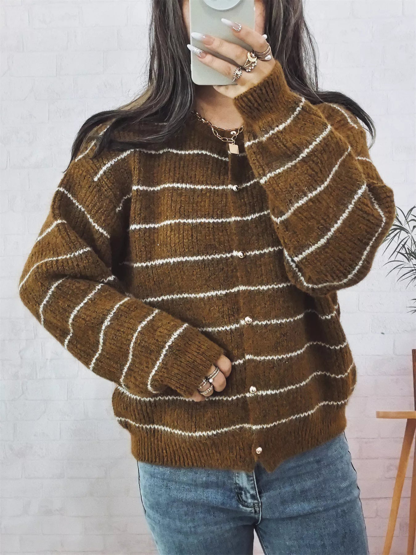Striped Button Up Long Sleeve Cardigan OutfitFlow