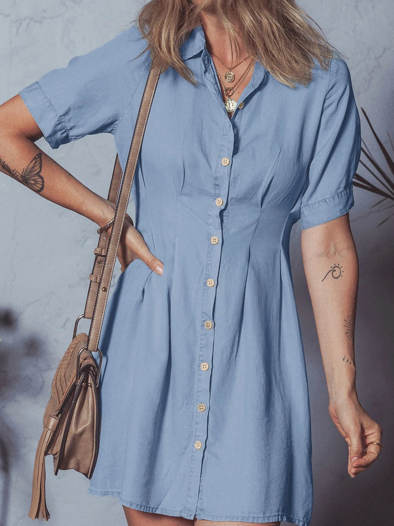 Denim Pleated Slim Waist Short Sleeve Shirt Dress OutfitFlow