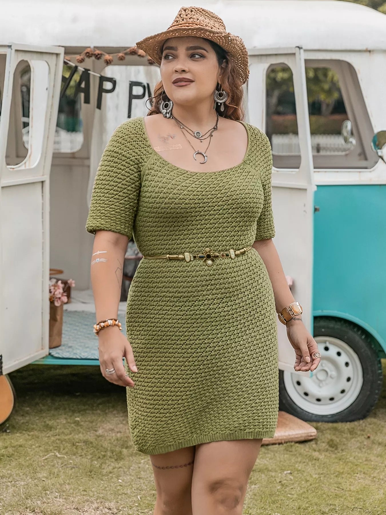 Plus Size Textured Knit Mini Dress OutfitFlow