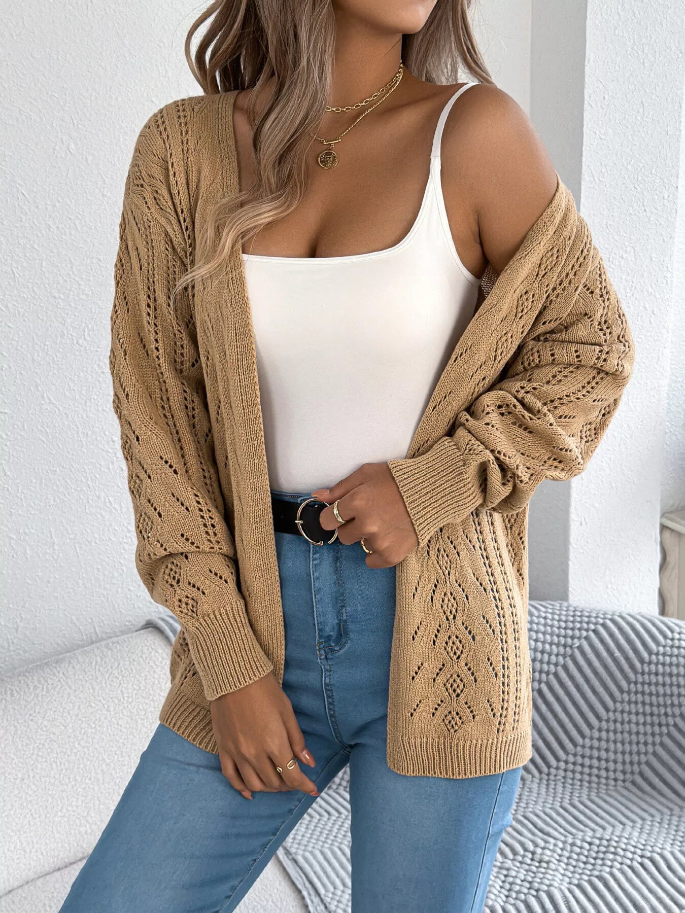 Openwork Open Front Cardigan OutfitFlow
