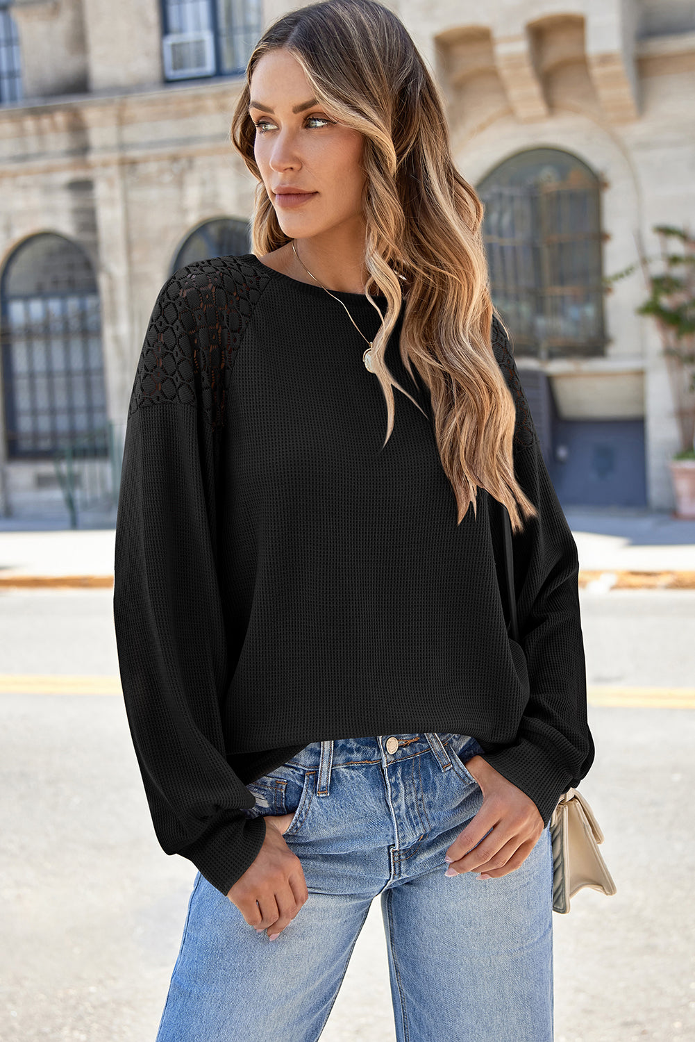 Outfit Flow - Lace Detail Round Neck Lantern Sleeve Top