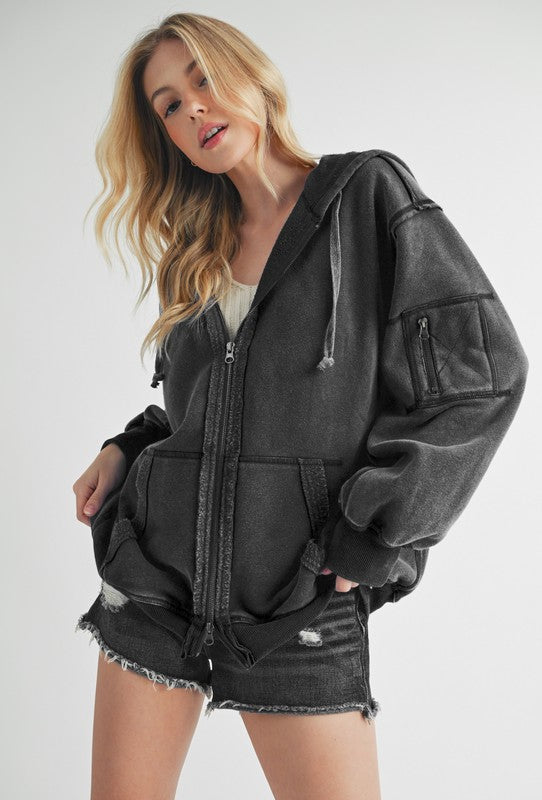 Outfit Flow - Aemi+Co Exposed Seam Zip Up Drawstring Hooded Jacket