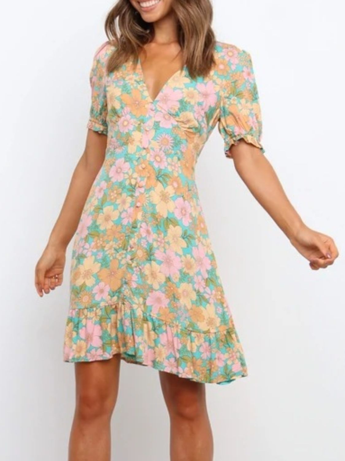 Ruffled Hem Printed Short Sleeve Mini Dress OutfitFlow