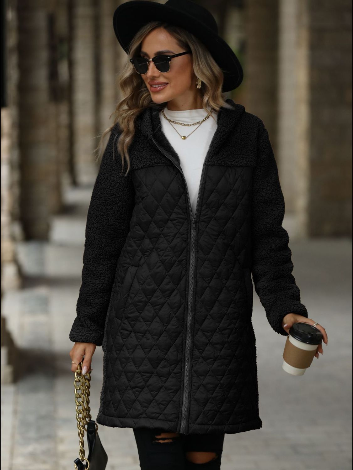 Outfit Flow - Texture Zip Up Long Sleeve Hooded Coat