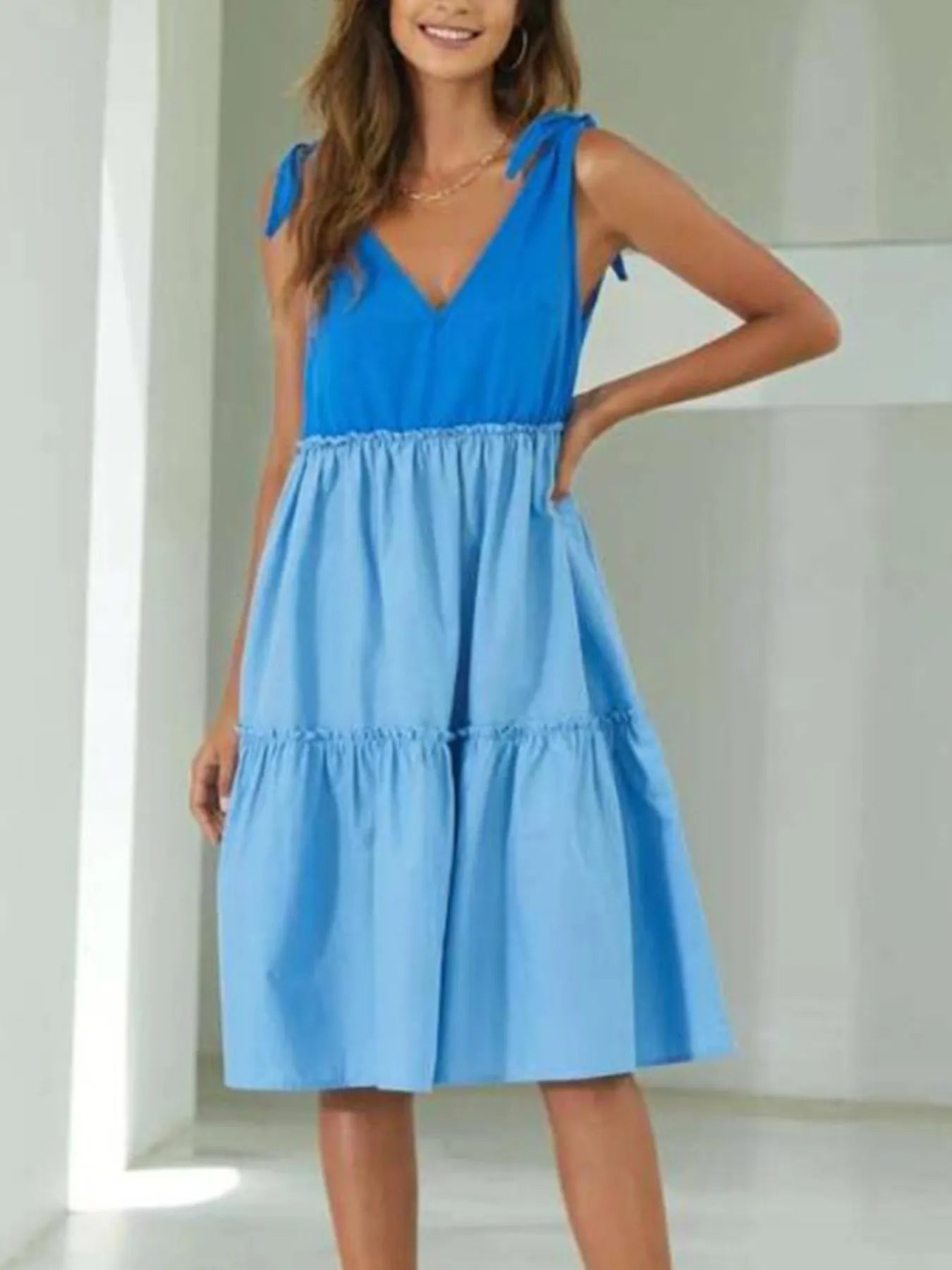 Colorblock Tiered Midi Tank Dress Sky Blue OutfitFlow
