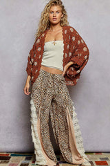 POL Openwork V-Neck Chenille Cardigan with Contrast Floral OutfitFlow