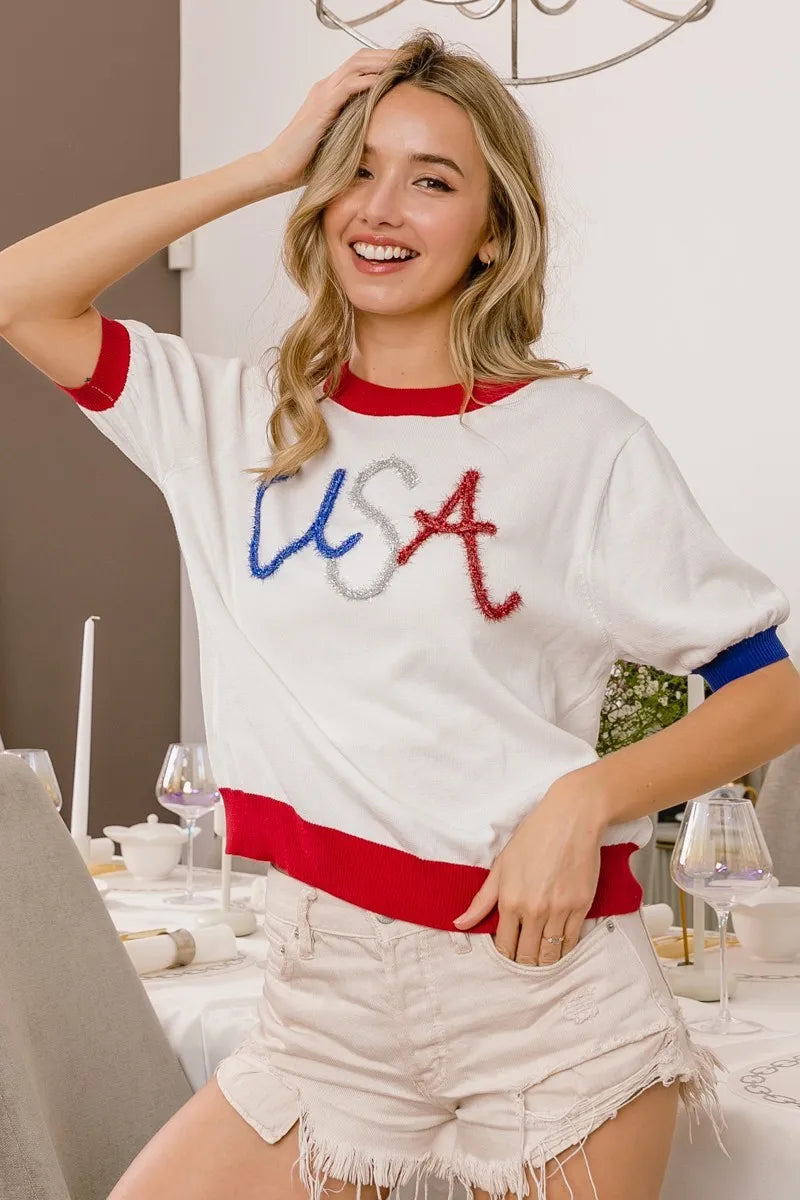 BiBi USA Metallic Letter Color Block Knit Top OutfitFlow