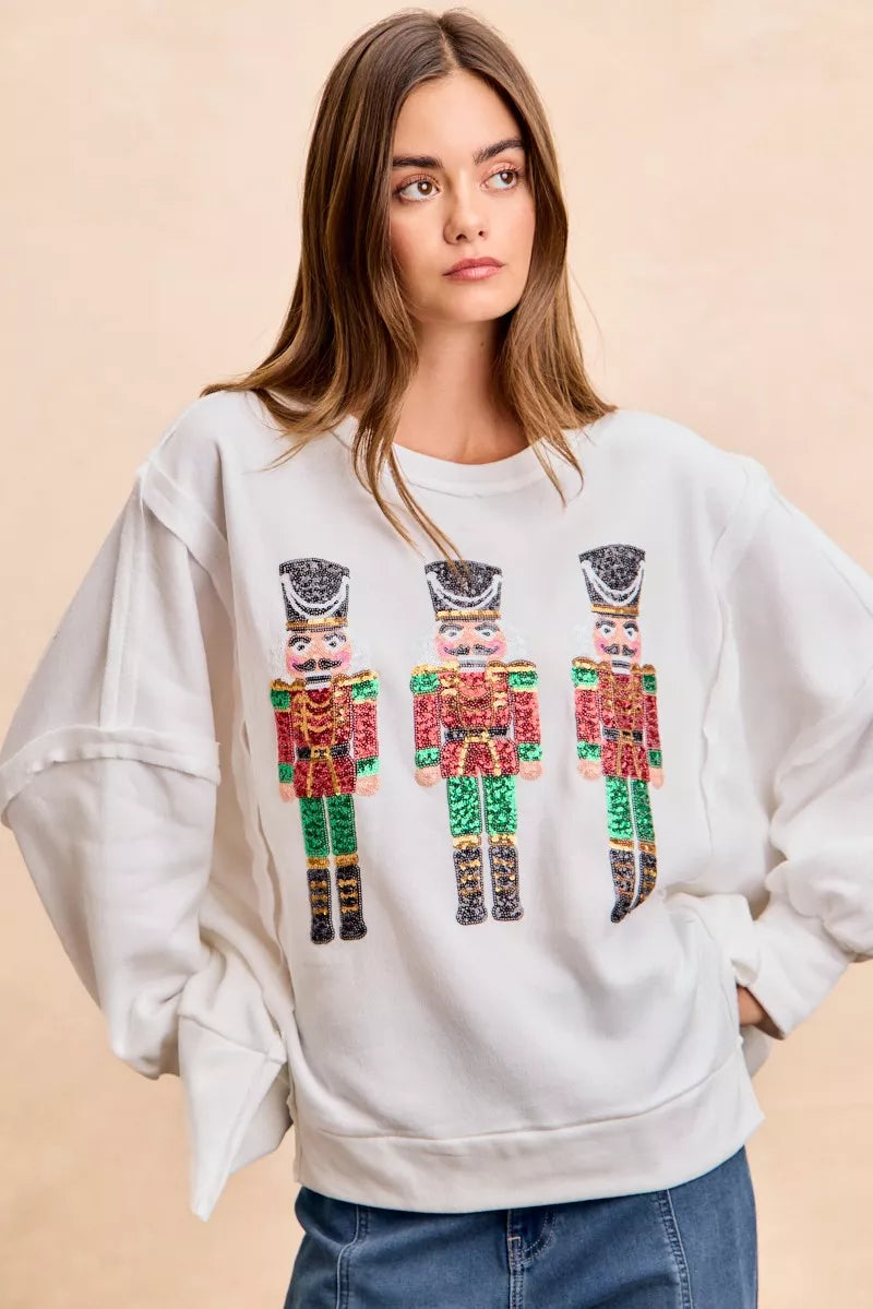 BiBi Christmas Sequin Nutcrackers Embroidery Sweatshirt OutfitFlow
