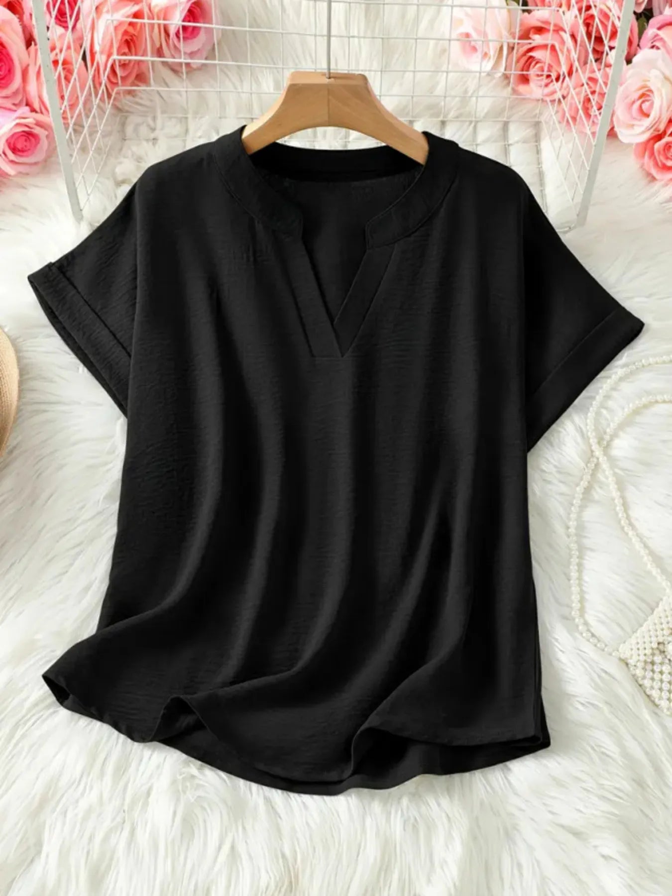 Casual Notched Short Sleeve Blouse OutfitFlow