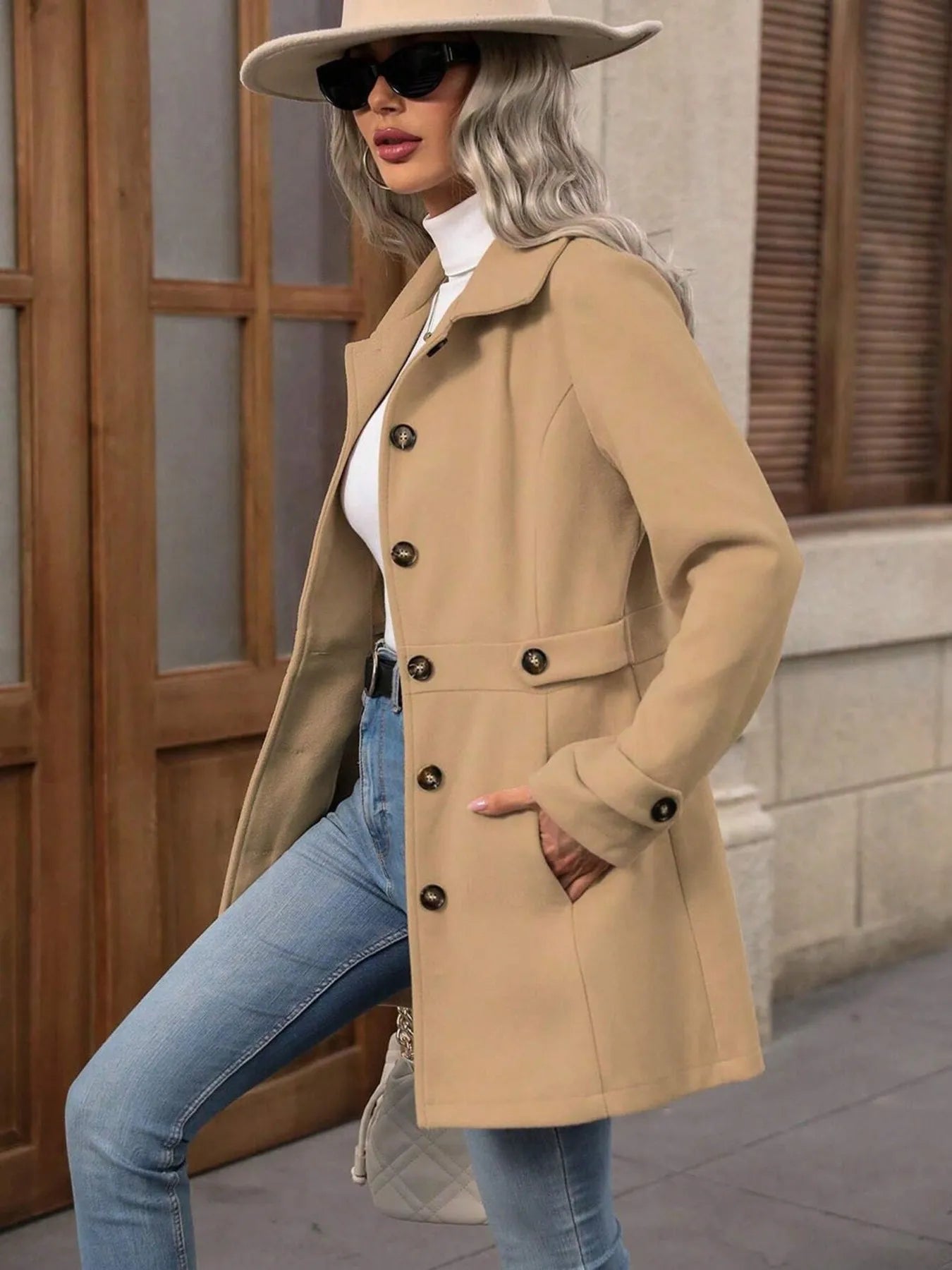 Button Up Long Sleeve Coat Trendsi
