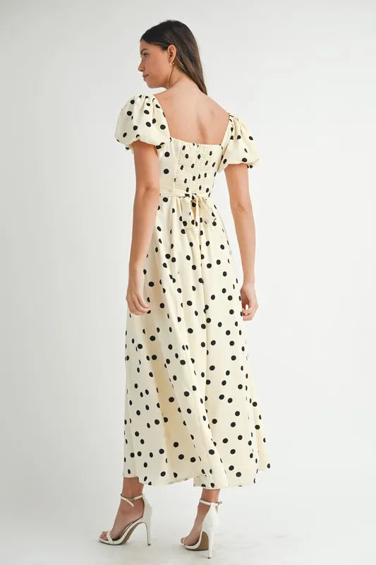 MABLE Polka Dot Puff Sleeve Midi Dress OutfitFlow