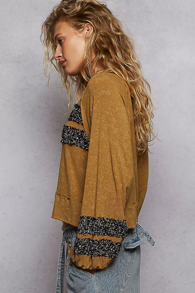 POL Print Patch Round Neck Balloon Sleeve Cropped Top OutfitFlow