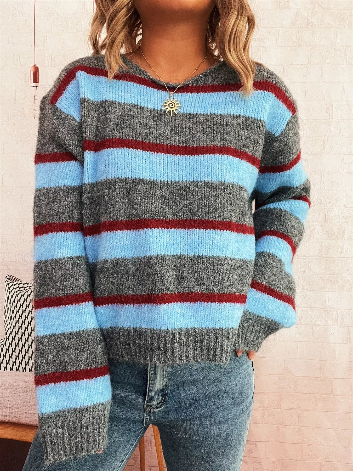 Striped Round Neck Long Sleeve Sweater OutfitFlow