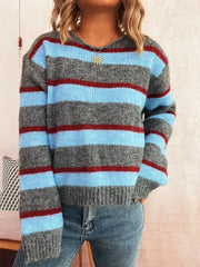 Striped Round Neck Long Sleeve Sweater OutfitFlow