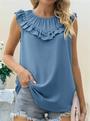 Ruffle Trim Round Neck Blouse Blue OutfitFlow