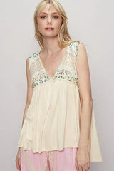 POL Lace Detail Frill Floral V-Neck Sleeveless Top Cream OutfitFlow