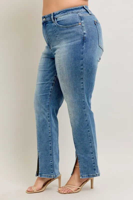 Judy Blue Full Size High Waist Vintage Wash Front Seam & Slit Straight Plus Size OutfitFlow