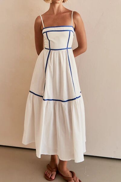 Contrast Trim Square Neck Midi Cami Dress White OutfitFlow