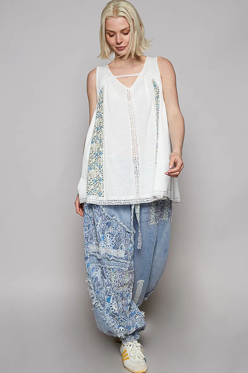POL V Neck Sleeveless Tank Top with Lace Detail OutfitFlow