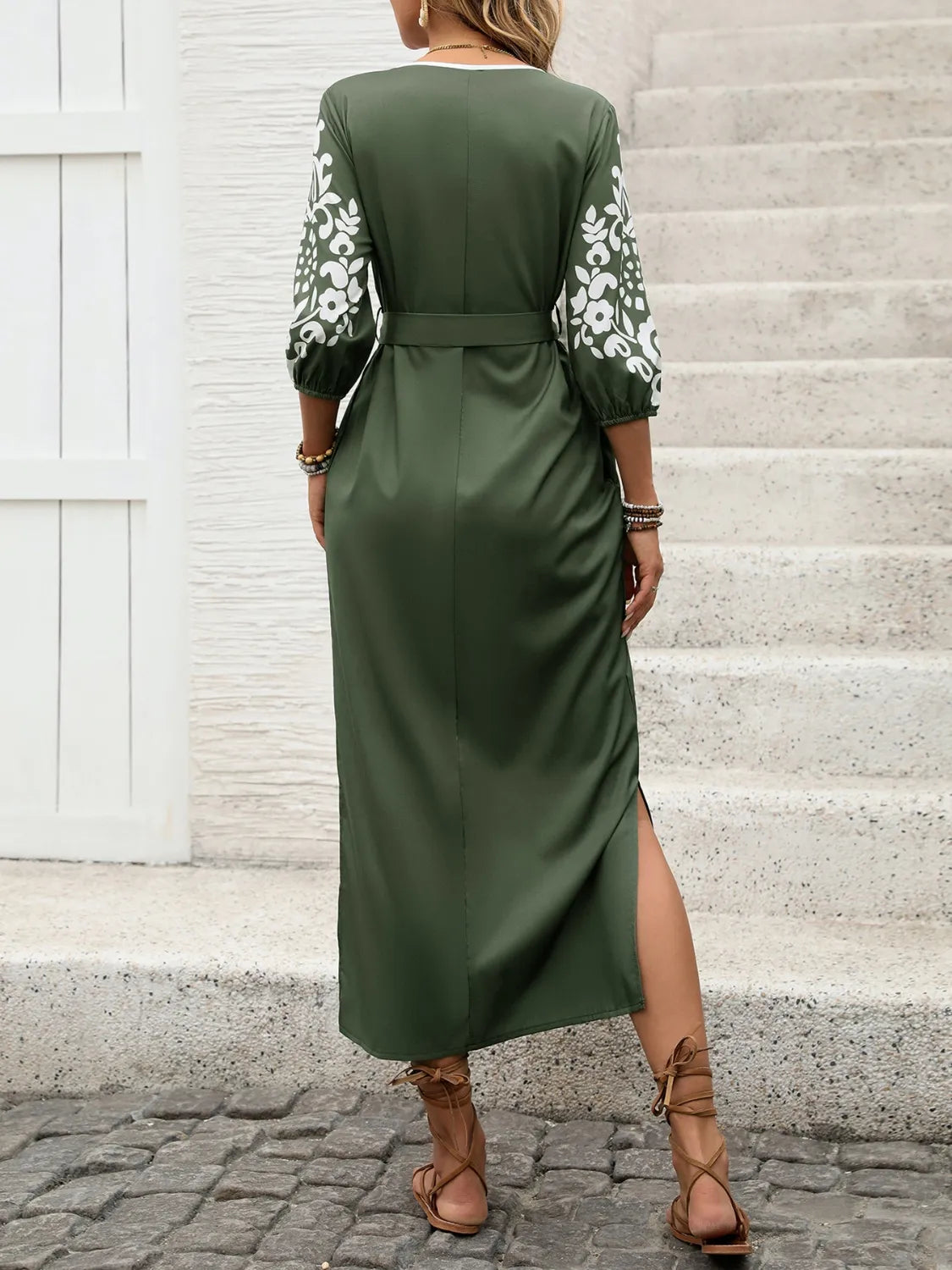 Side Slit Printed Tie Neck Dress OutfitFlow