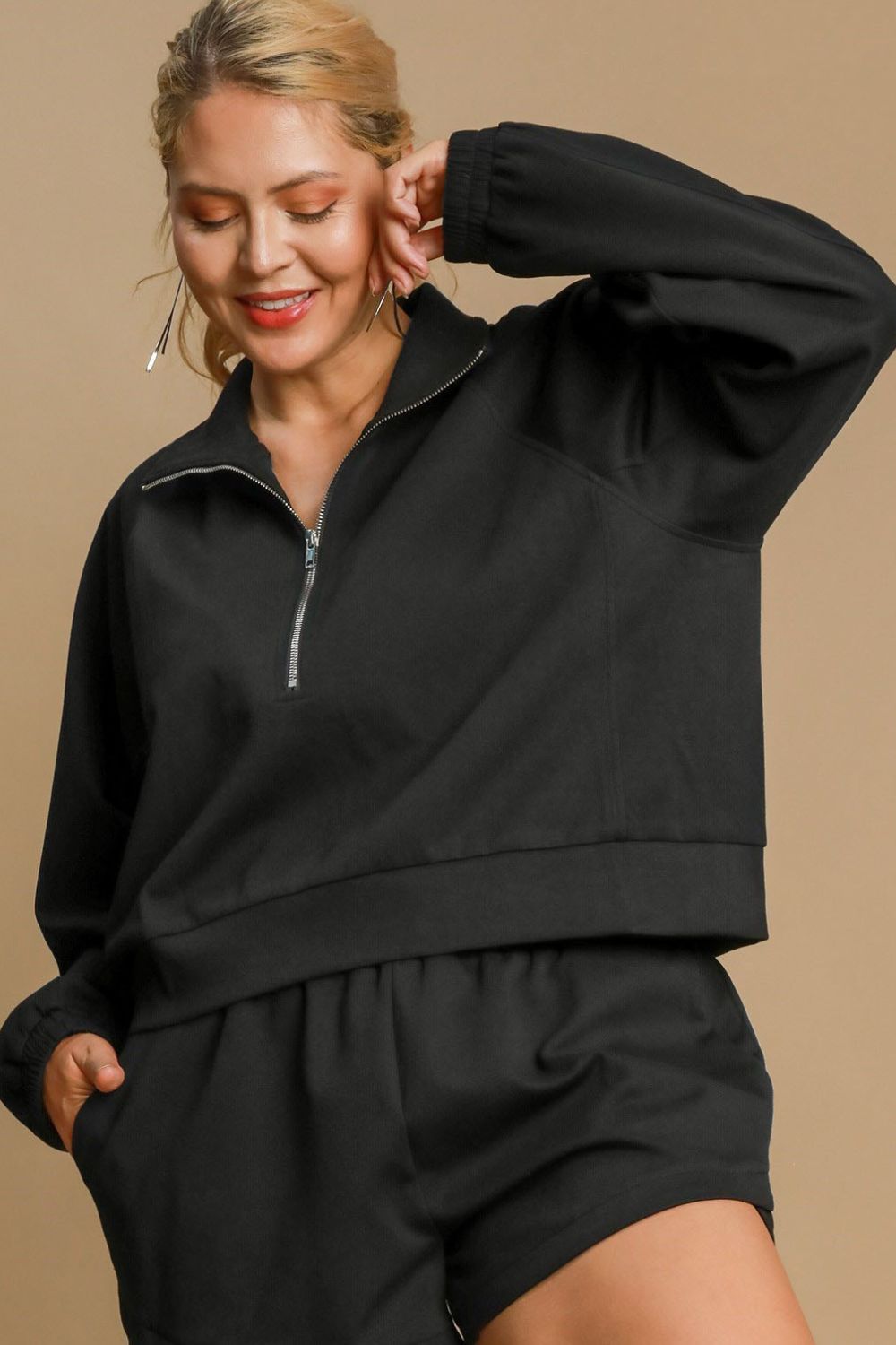 Umgee Full Size Half Zip Cropped Sweatshirt Plus Size OutfitFlow