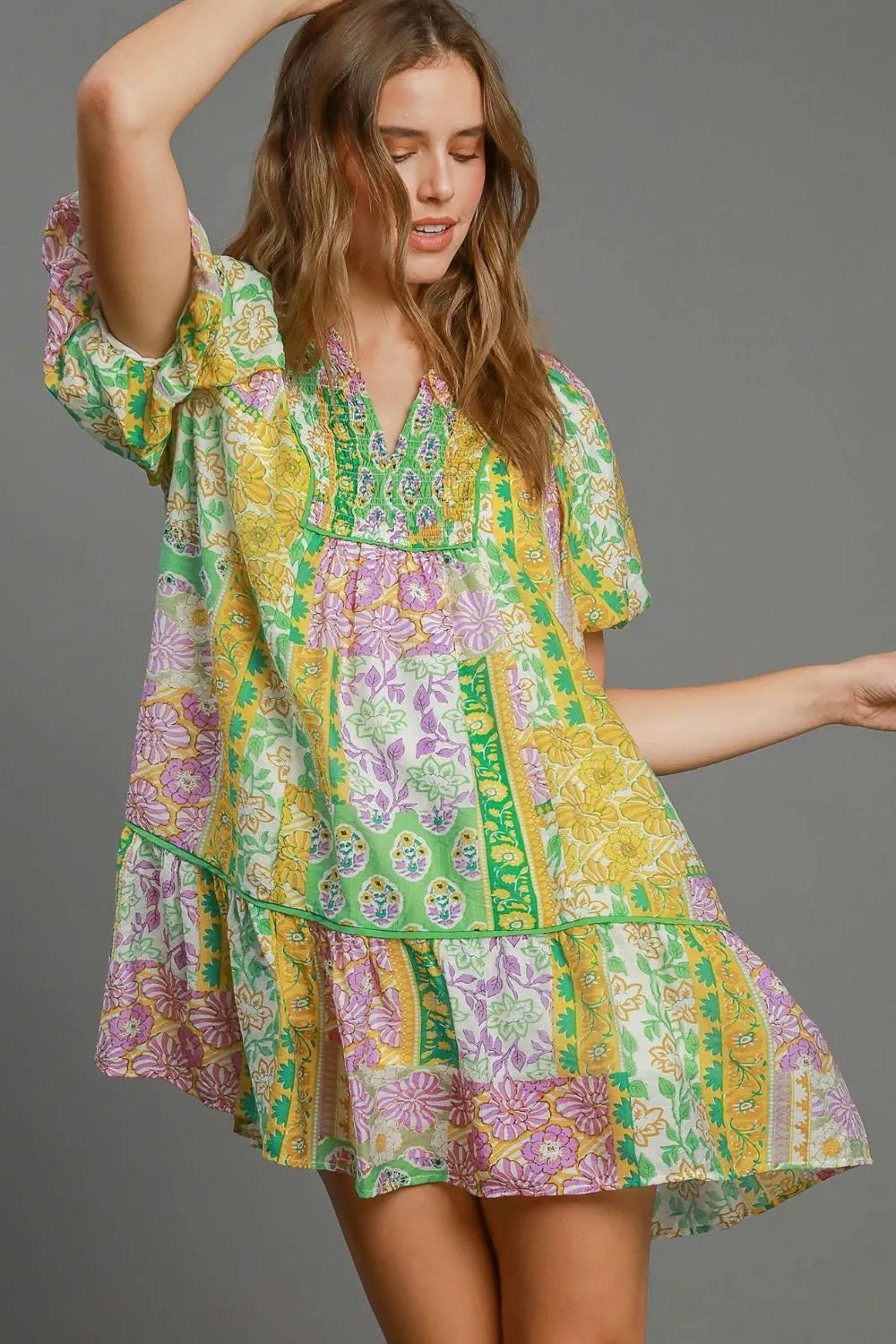 Umgee Full Size Smocked Floral Puff Sleeve Mini Dress Plus Size GREEN MIX OutfitFlow