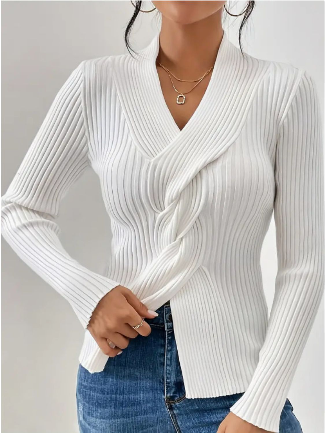 Outfit Flow - Twist Front Ribbed Long Sleeve Sweater