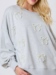 Pearl Embellished Bow Long Sleeve Sweatshirt OutfitFlow