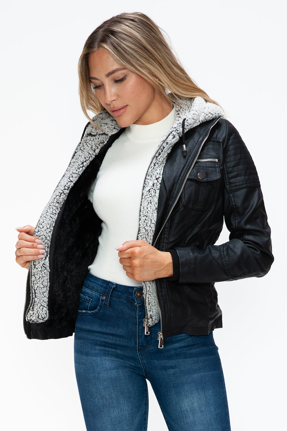 Outfit Flow - YMI Removable Faux Layered Multi-Pocket Jacket with Fuzzy Hood