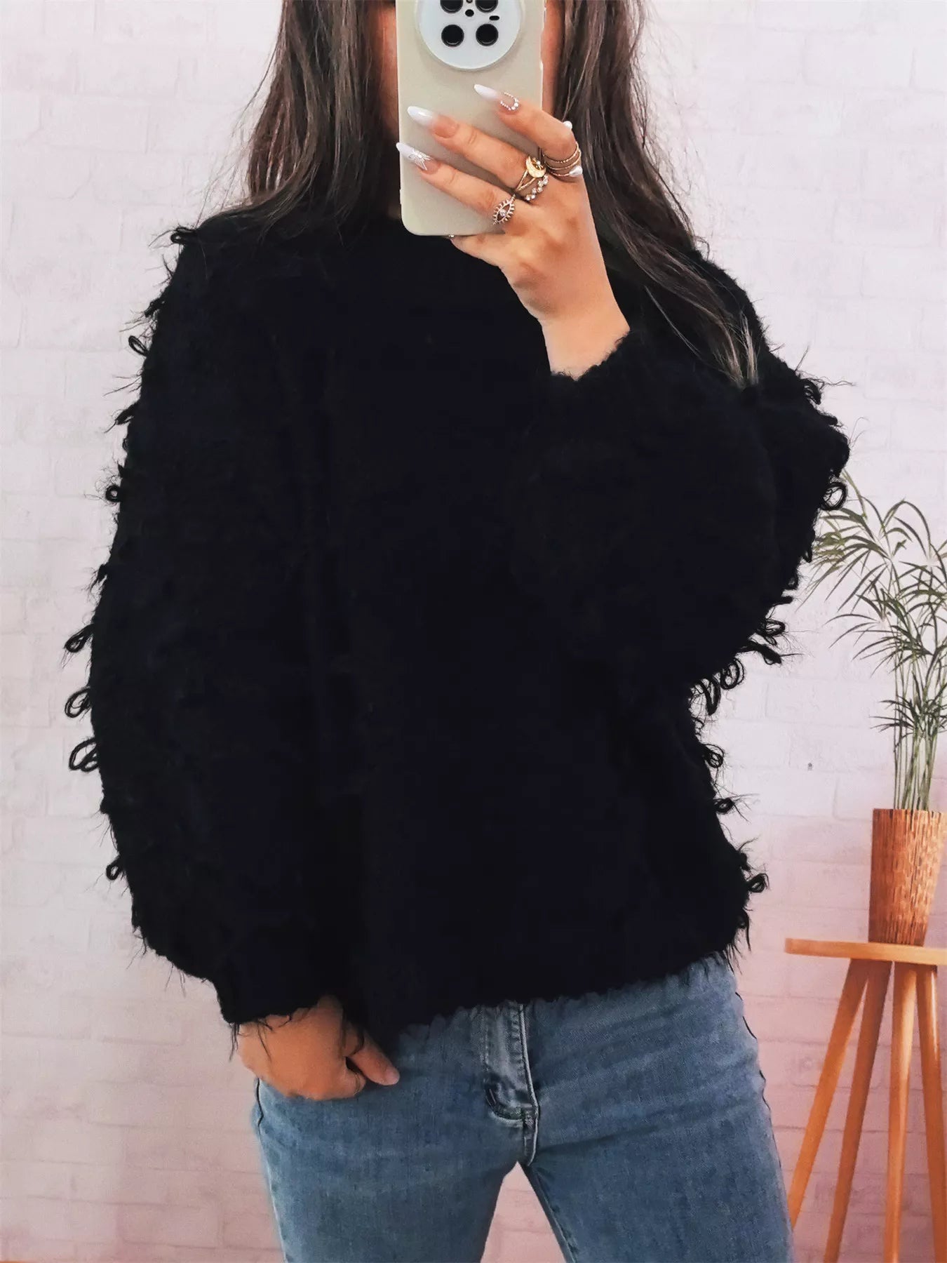 Chunky Round Neck Long Sleeve Sweater OutfitFlow