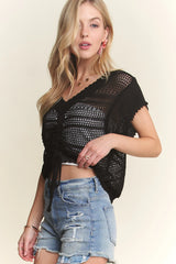 ADORA Drawstring Detail Crochet Top OutfitFlow
