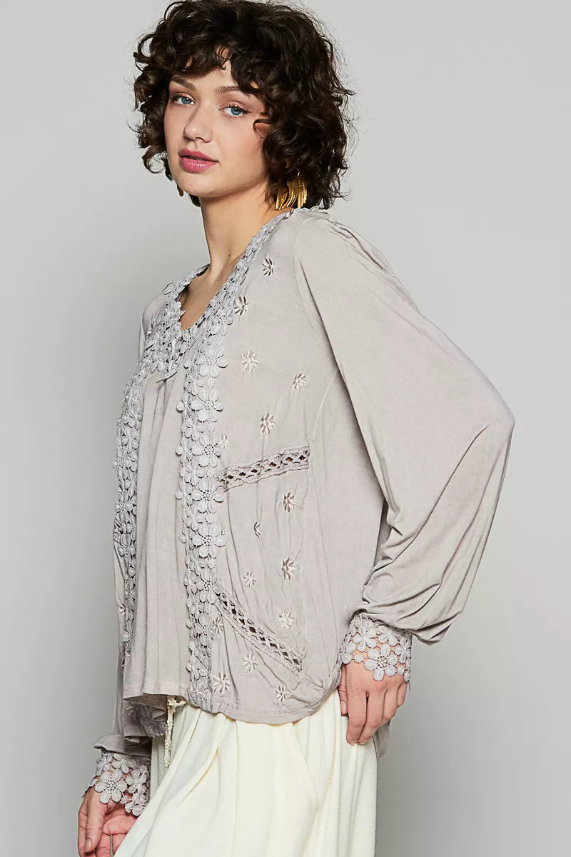 POL Floral Embroidery Woven Top with Lace Trim OutfitFlow