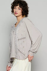 POL Floral Embroidery Woven Top with Lace Trim OutfitFlow